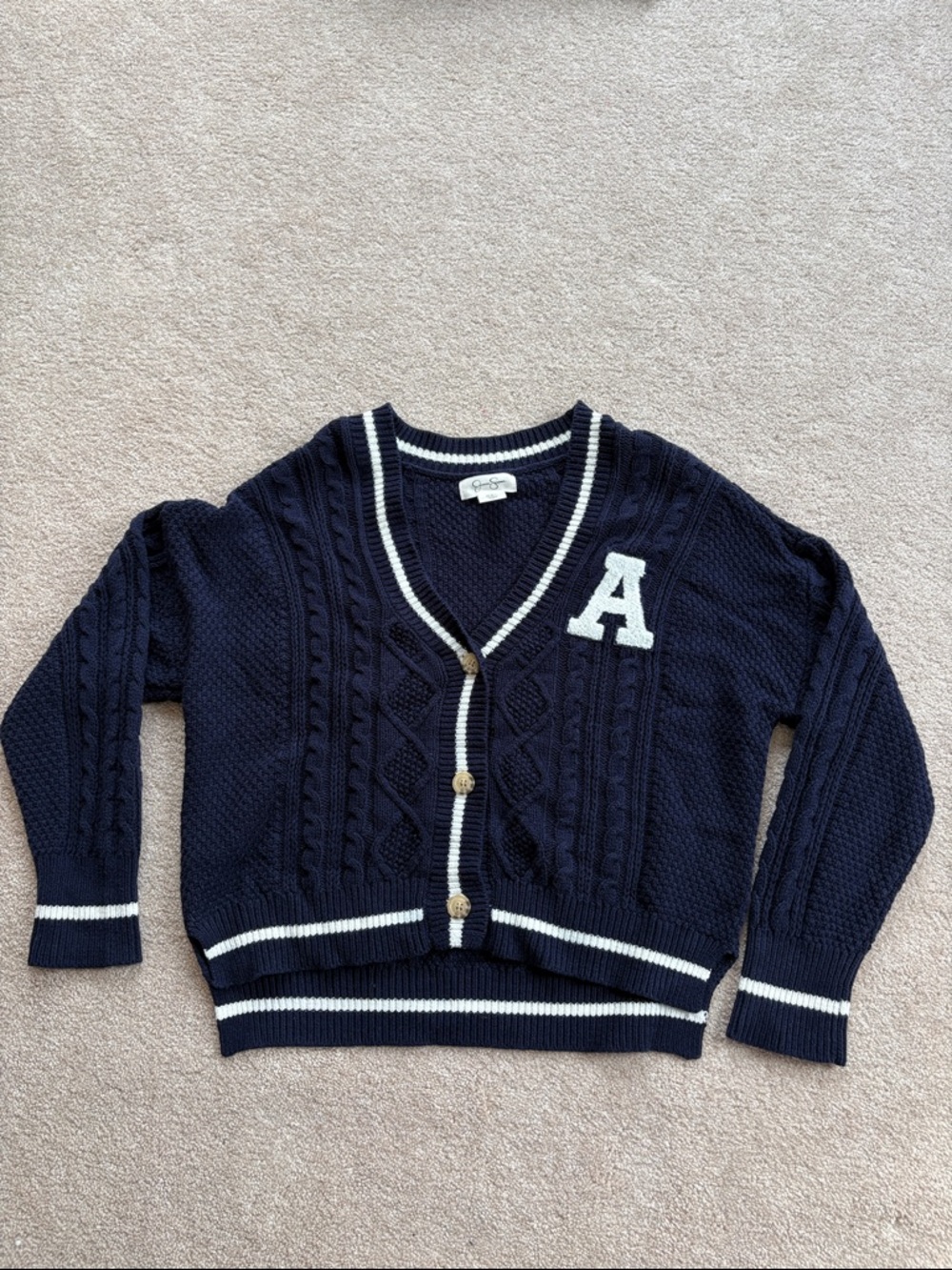 Navy Cable-Knit V-Neck Sweater Cardigan with White Trim